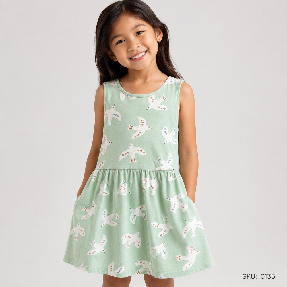 HM Girls Green Bird Print Sleeveless Cotton Jersey Dress Size 8-10Y 08705305